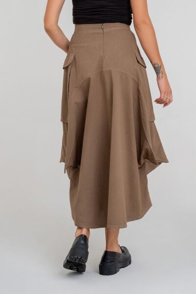Kadın  Kargo Cepli Fermuarlı İnce Etek haki pamuklu - L