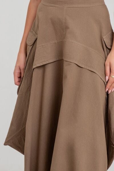 Kadın  Kargo Cepli Fermuarlı İnce Etek haki pamuklu - L
