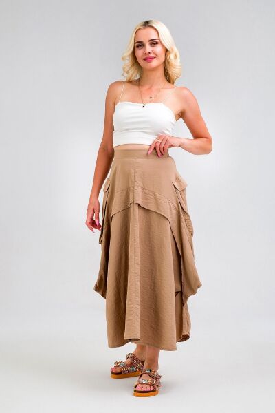 Kadın  Kargo Cepli Fermuarlı İnce Etek BEJ - L