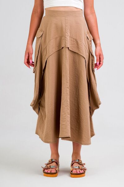Kadın  Kargo Cepli Fermuarlı İnce Etek BEJ - L