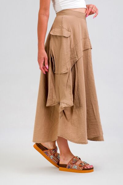 Kadın  Kargo Cepli Fermuarlı İnce Etek BEJ - L