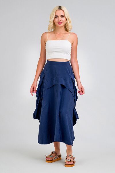 Kadın  Kargo Cepli Fermuarlı İnce Etek Lacivert - M