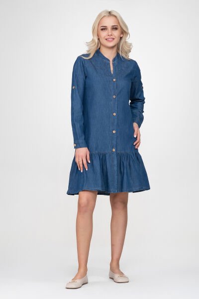 Bold & Young  Kadın Cepli Kol Britli Etek Ucu Büzgülü Katlanır Kol Gömlek Elbise 3XL - indigo