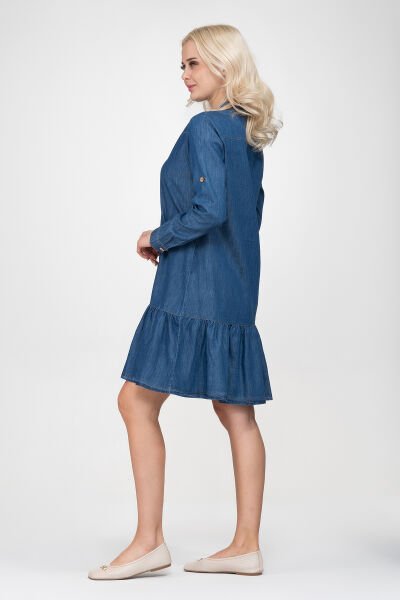 Bold & Young  Kadın Cepli Kol Britli Etek Ucu Büzgülü Katlanır Kol Gömlek Elbise 3XL - indigo