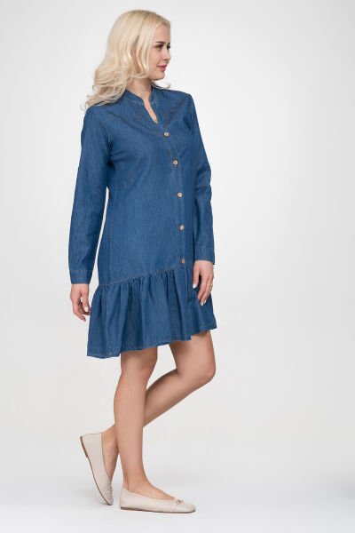 Bold & Young  Kadın Cepli Kol Britli Etek Ucu Büzgülü Katlanır Kol Gömlek Elbise 3XL - indigo