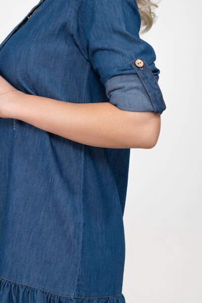 Bold & Young  Kadın Cepli Kol Britli Etek Ucu Büzgülü Katlanır Kol Gömlek Elbise 3XL - indigo