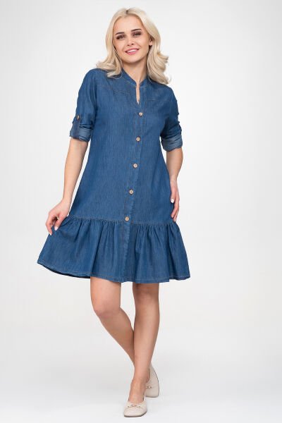 Bold & Young  Kadın Cepli Kol Britli Etek Ucu Büzgülü Katlanır Kol Gömlek Elbise 3XL - indigo