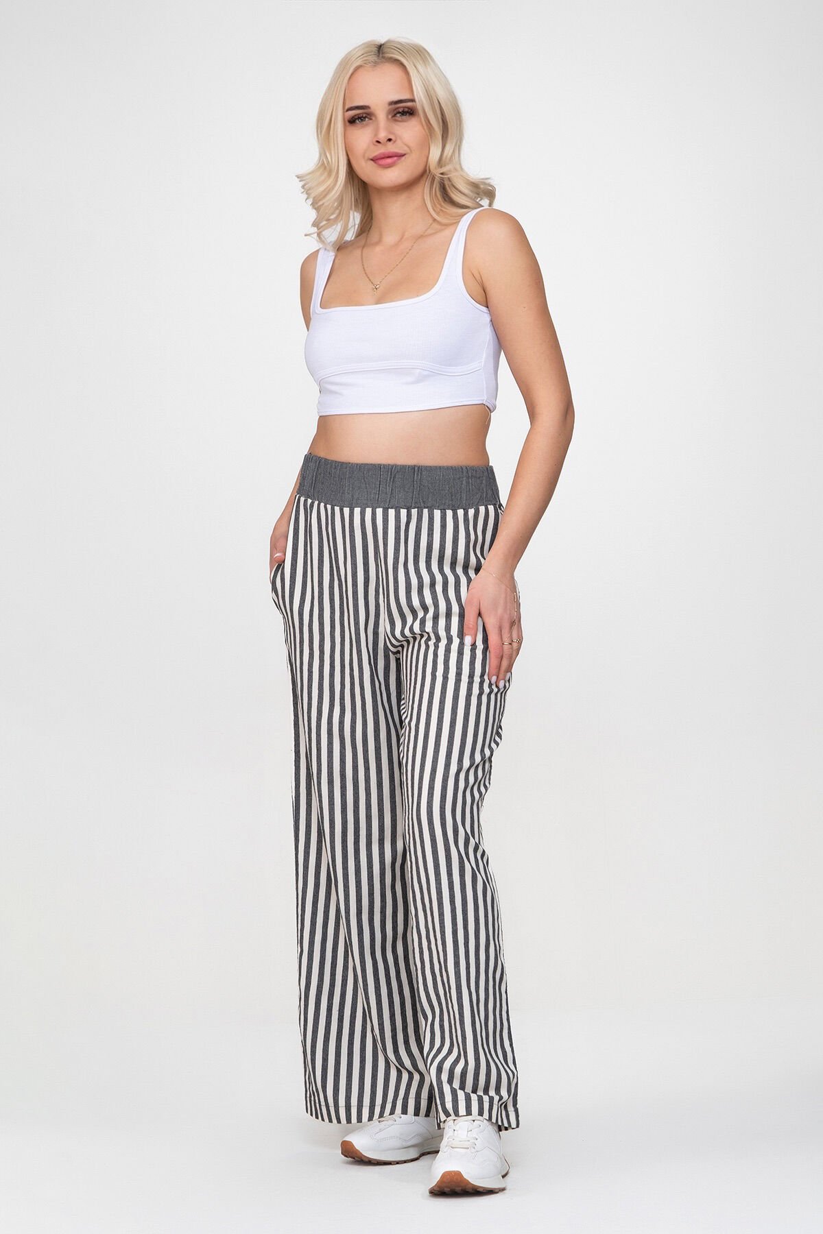 Bold and Young Beli Lastikli Çizgili İpliği Boyalı Bol Palazzo Pamuklu Pantolon XXL - Gri Ekru2