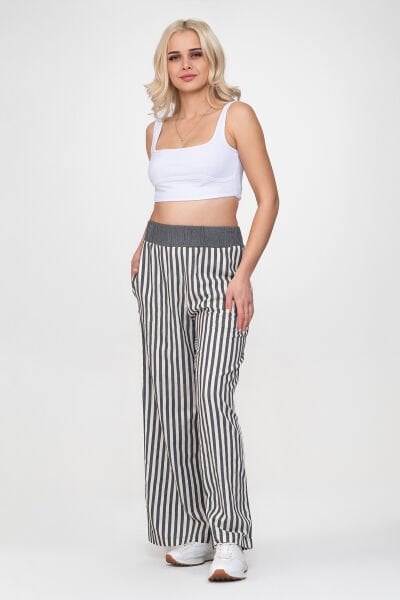 Bold and Young Beli Lastikli Çizgili İpliği Boyalı Bol Palazzo Pamuklu Pantolon XXL - Gri Ekru2