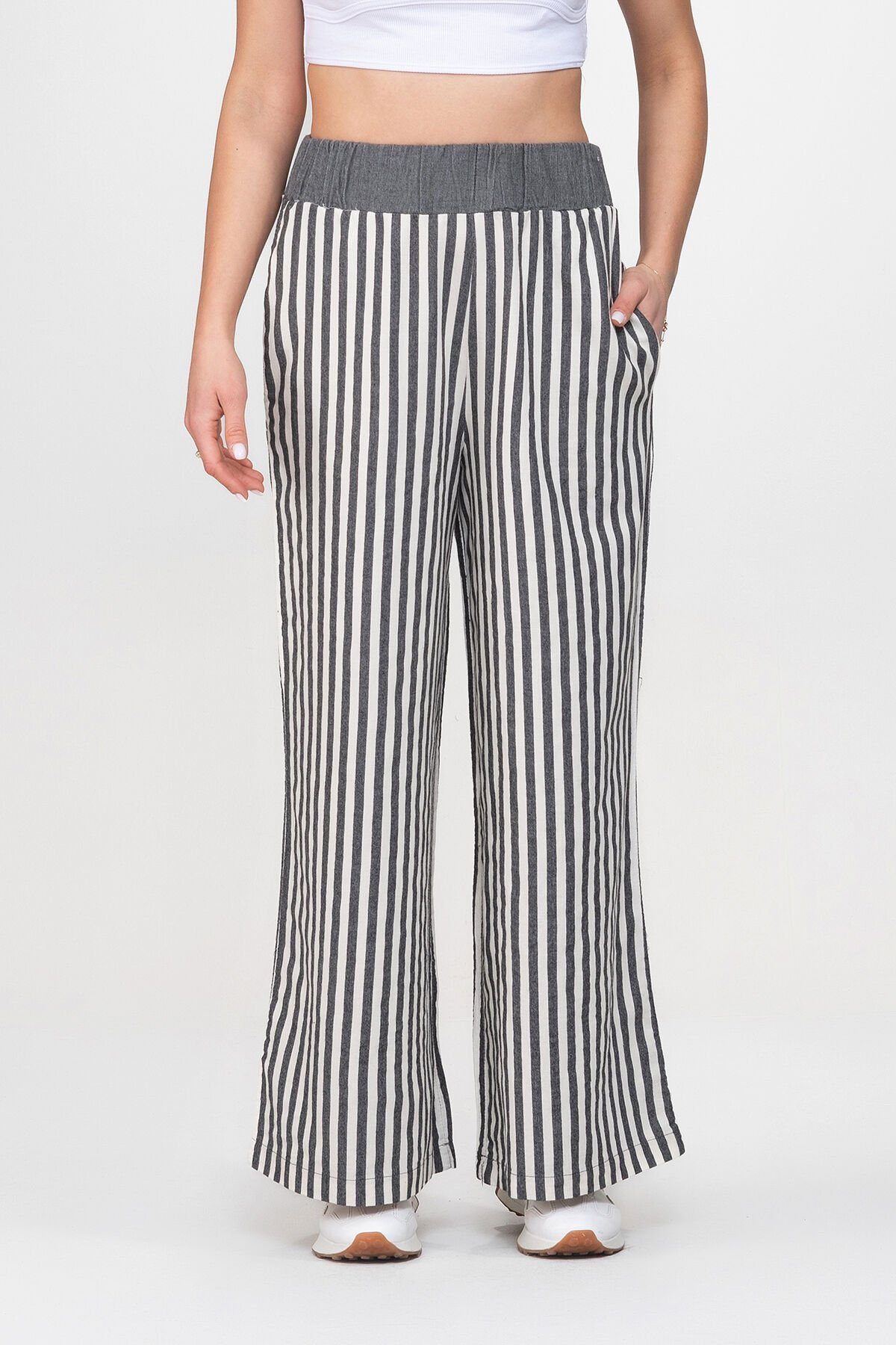 Bold and Young Beli Lastikli Çizgili İpliği Boyalı Bol Palazzo Pamuklu Pantolon XXL - Gri Ekru2