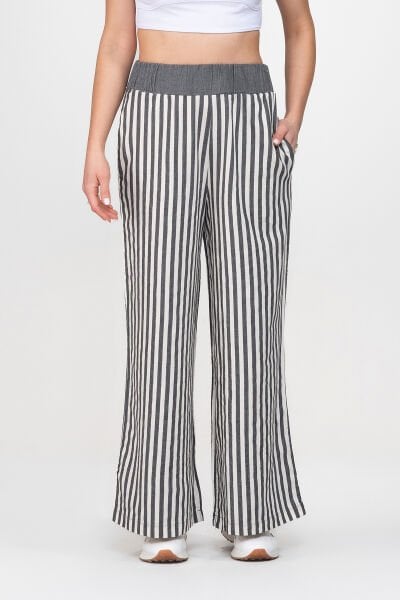 Bold and Young Beli Lastikli Çizgili İpliği Boyalı Bol Palazzo Pamuklu Pantolon XXL - Gri Ekru2