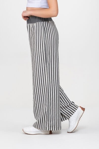 Bold and Young Beli Lastikli Çizgili İpliği Boyalı Bol Palazzo Pamuklu Pantolon XXL - Gri Ekru2