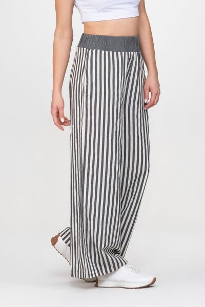 Bold and Young Beli Lastikli Çizgili İpliği Boyalı Bol Palazzo Pamuklu Pantolon XXL - Gri Ekru2
