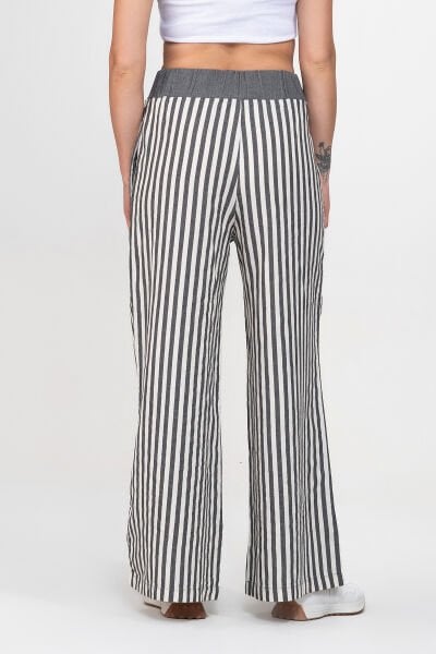 Bold and Young Beli Lastikli Çizgili İpliği Boyalı Bol Palazzo Pamuklu Pantolon XXL - Gri Ekru2
