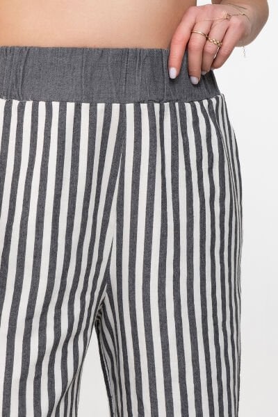 Bold and Young Beli Lastikli Çizgili İpliği Boyalı Bol Palazzo Pamuklu Pantolon XXL - Gri Ekru2