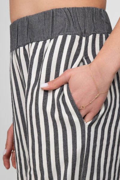 Bold and Young Beli Lastikli Çizgili İpliği Boyalı Bol Palazzo Pamuklu Pantolon XXL - Gri Ekru2