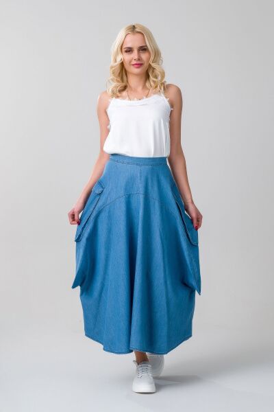 Kadın  Kargo Cepli Fermuarlı İnce Etek indigo açık mavi - S
