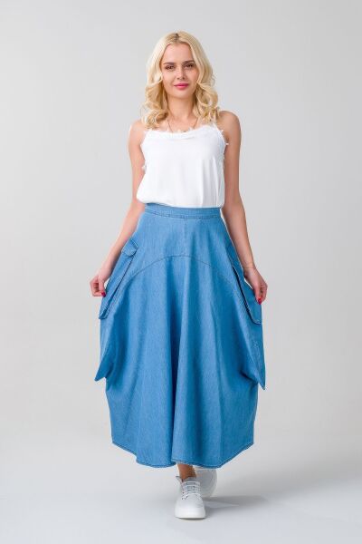 Kadın  Kargo Cepli Fermuarlı İnce Etek indigo açık mavi - S