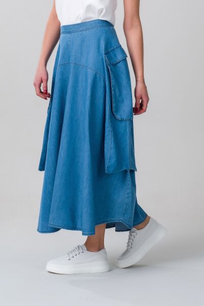Kadın  Kargo Cepli Fermuarlı İnce Etek indigo açık mavi - S