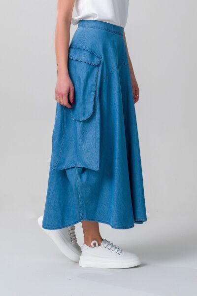 Kadın  Kargo Cepli Fermuarlı İnce Etek indigo açık mavi - S