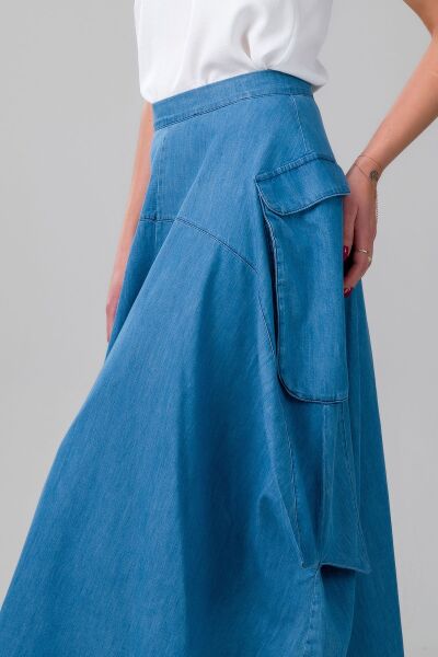Kadın  Kargo Cepli Fermuarlı İnce Etek indigo açık mavi - S