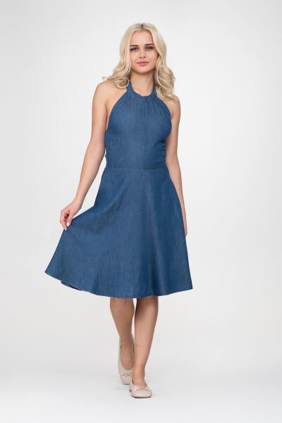 Bold & Young Kadın Cepli Boyundan Bağlamalı Arka Lastikli Elbise XL - indigo