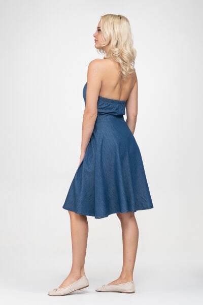 Bold & Young Kadın Cepli Boyundan Bağlamalı Arka Lastikli Elbise XL - indigo