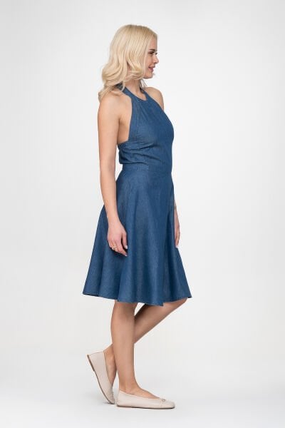 Bold & Young Kadın Cepli Boyundan Bağlamalı Arka Lastikli Elbise XL - indigo