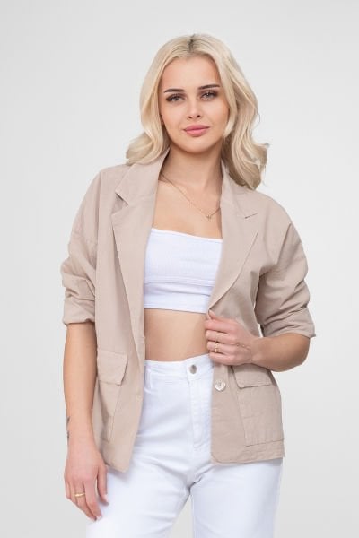 Bold & Young Kadın Astarsız Düşük Kol Sedef Düğmeli Pamuklu Ceket XL - BEJ