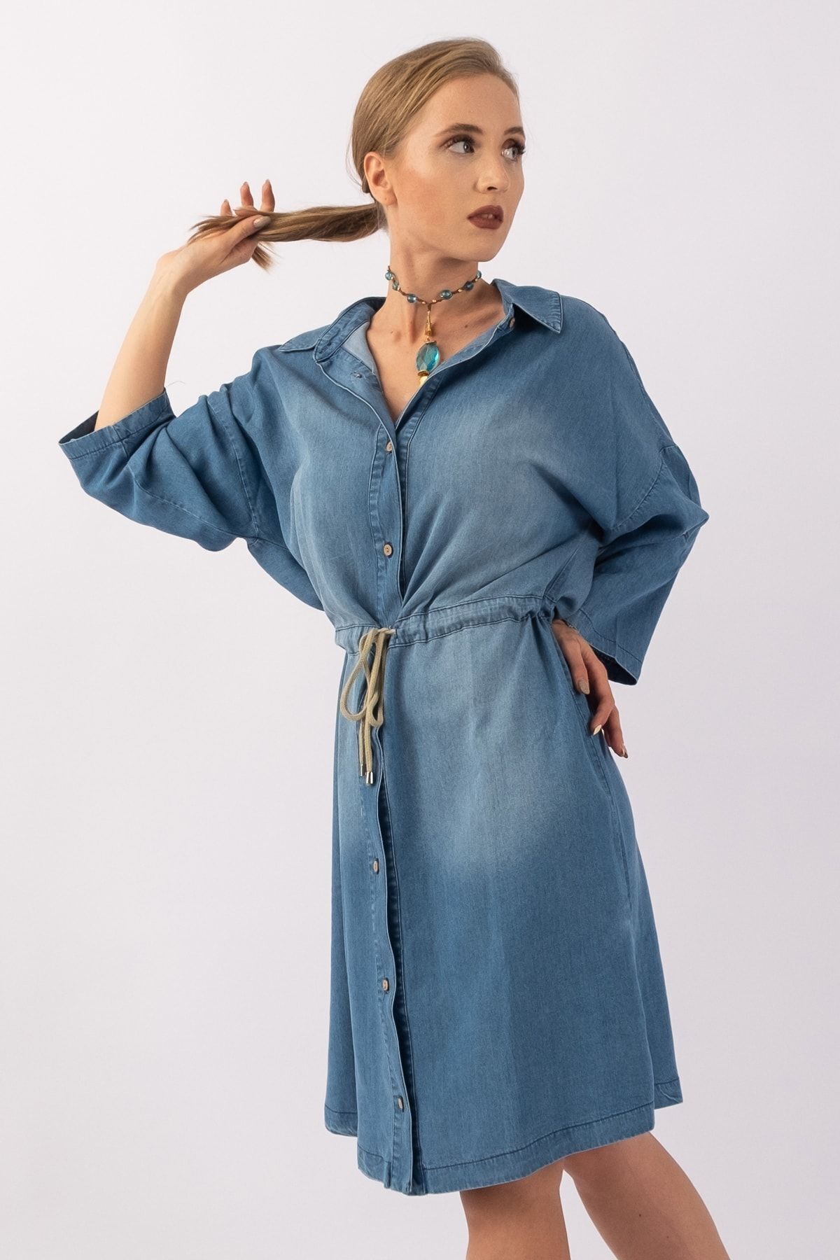 Kadın Lyocel Denim Kol Britli Kordonlu Elbise Mavi - S