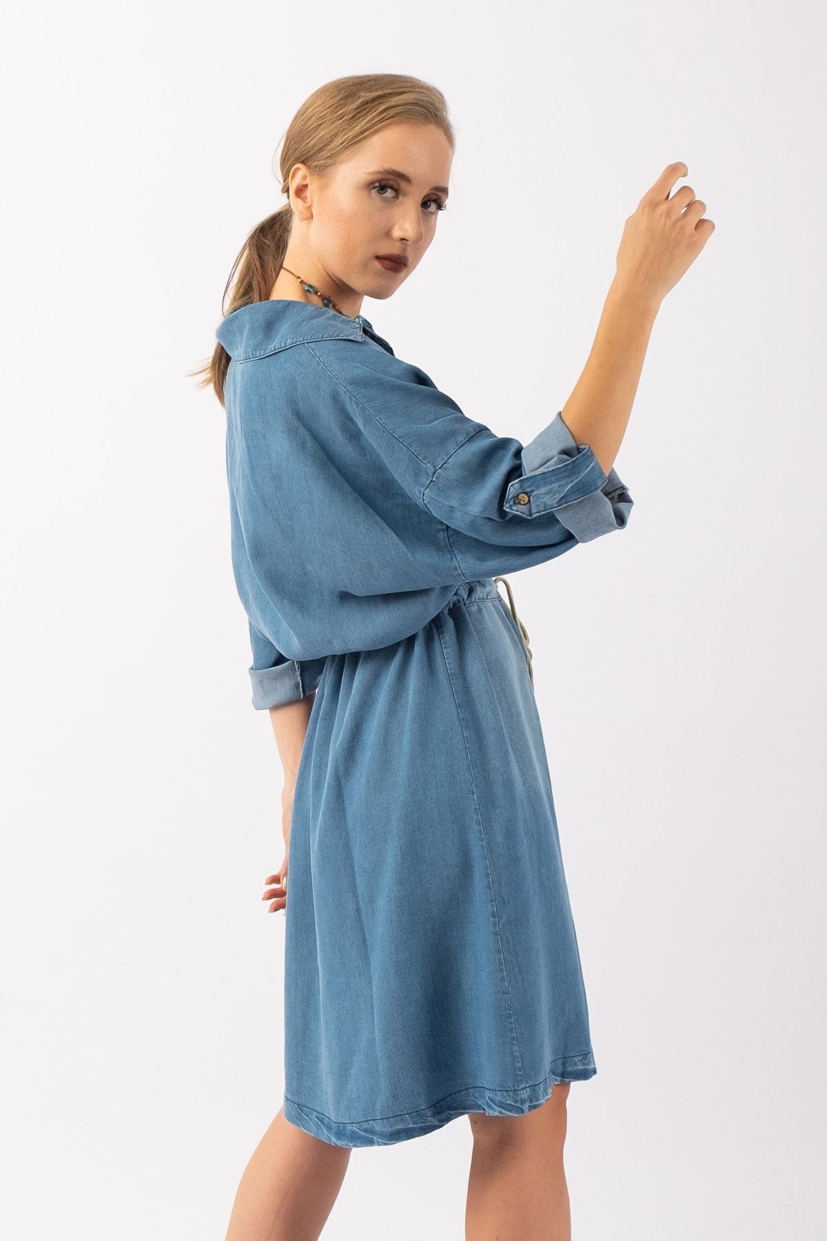 Kadın Lyocel Denim Kol Britli Kordonlu Elbise Mavi - S