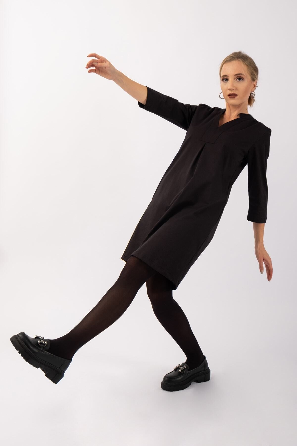 Kadın 3/4 Kol Cepli Likralı Pamuk Saten Kumaş Elbise Siyah - L