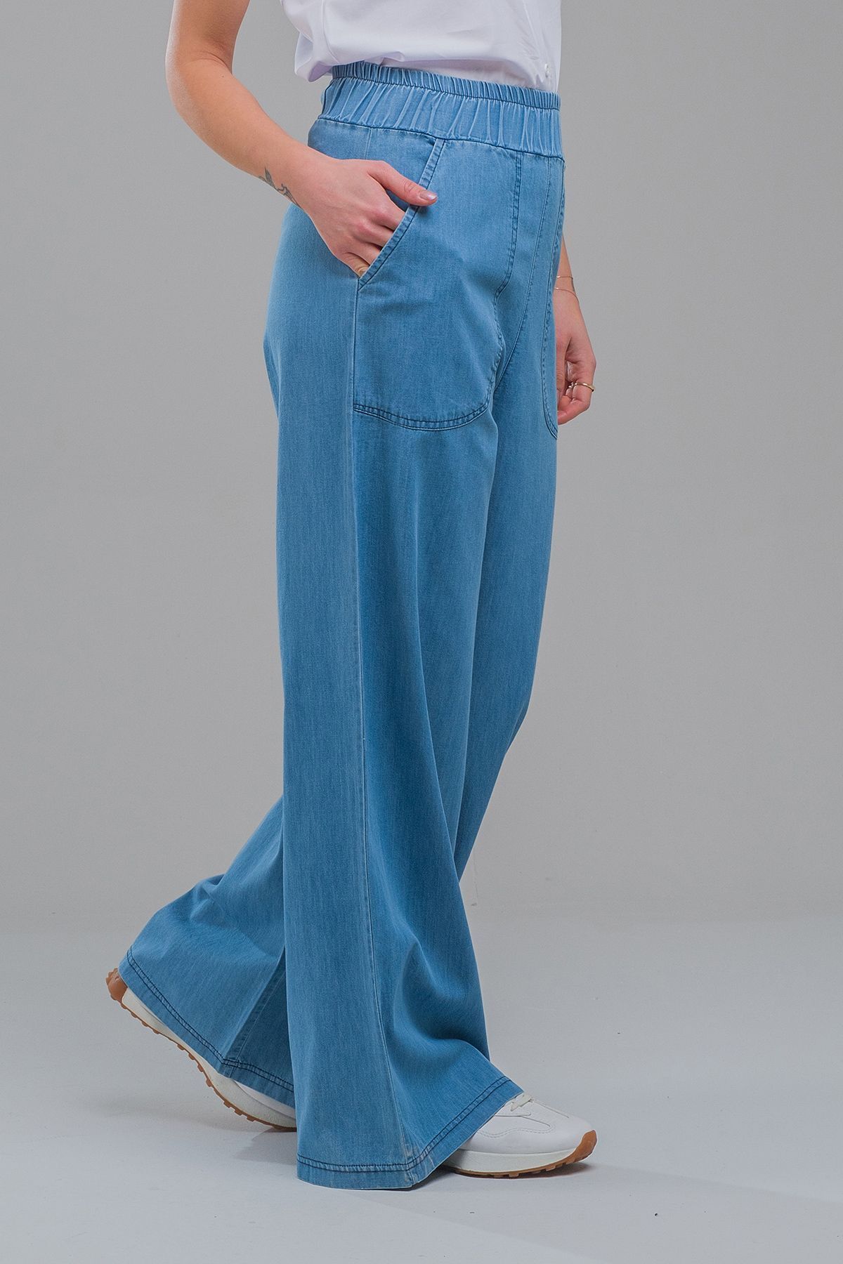 Kadın indigo Renk Cepli Bol Paça Beli Lastikli İnce Kot Pantolon indigo açık mavi - M