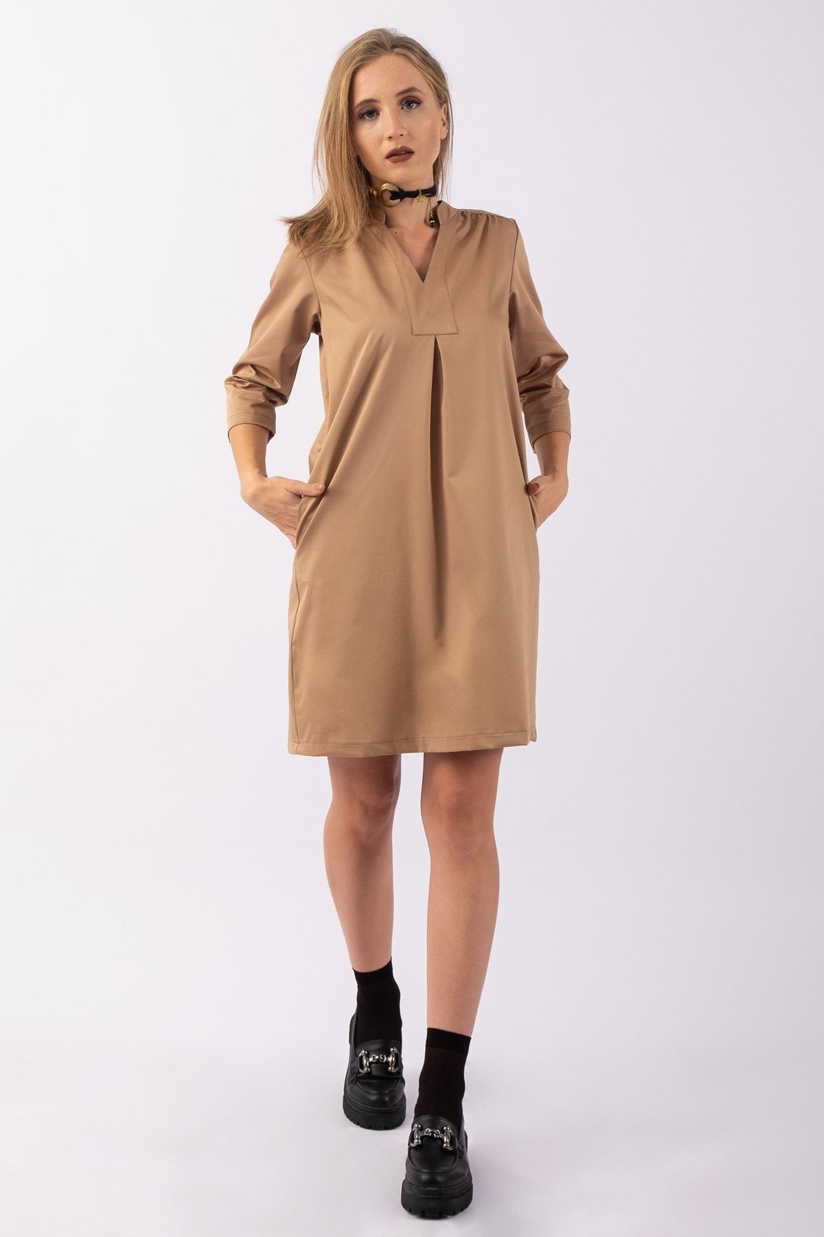 Kadın 3/4 Kol Cepli Likralı Pamuk Saten Kumaş Elbise CAMEL - XL