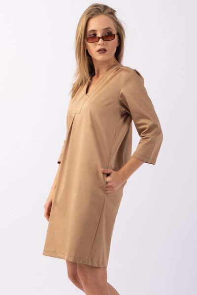 Kadın 3/4 Kol Cepli Likralı Pamuk Saten Kumaş Elbise CAMEL - XL