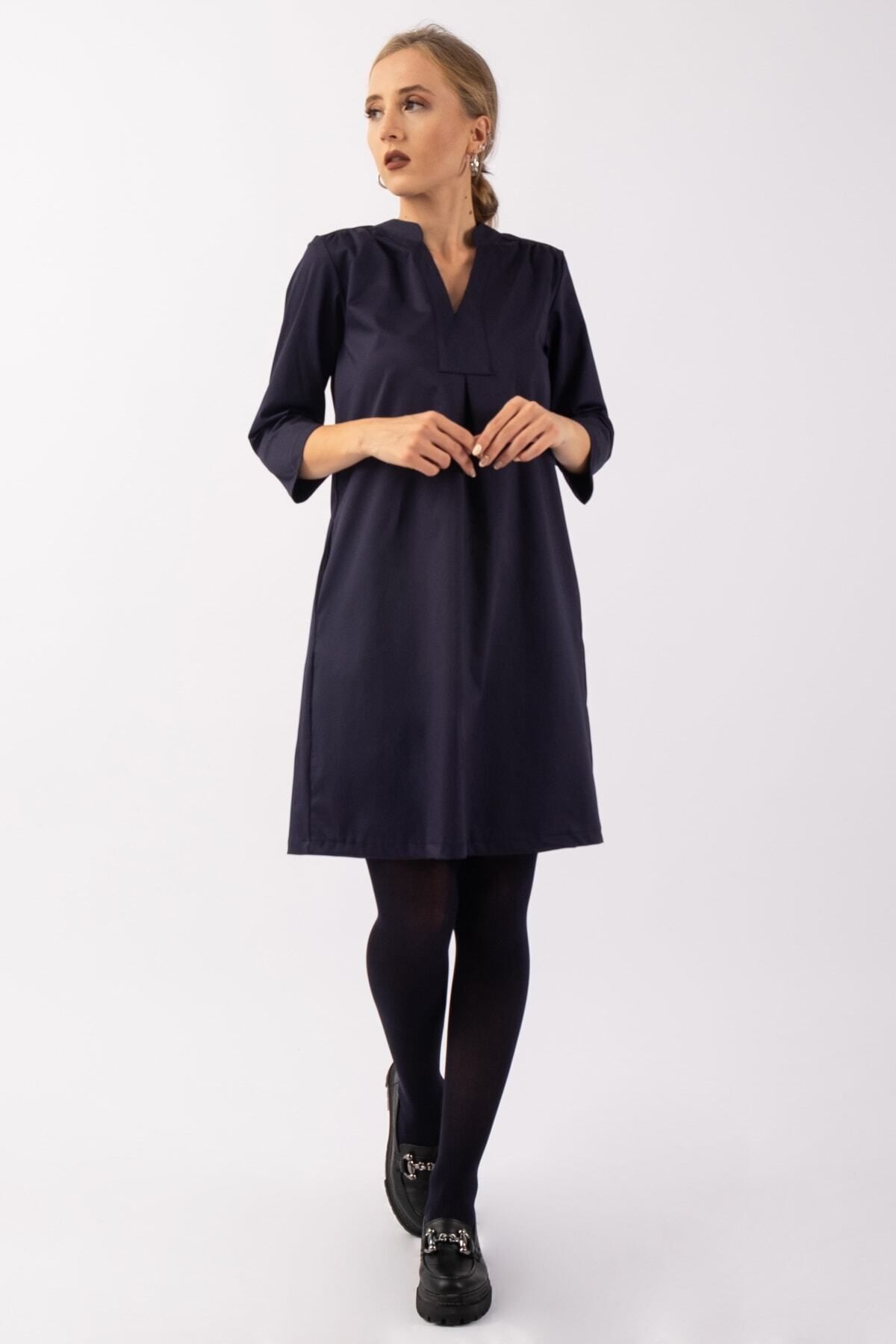 Kadın 3/4 Kol Cepli Likralı Pamuk Saten Kumaş Elbise Lacivert - L