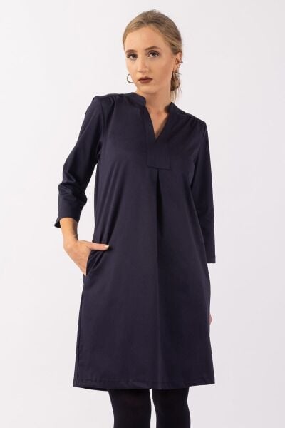 Kadın 3/4 Kol Cepli Likralı Pamuk Saten Kumaş Elbise Lacivert - L