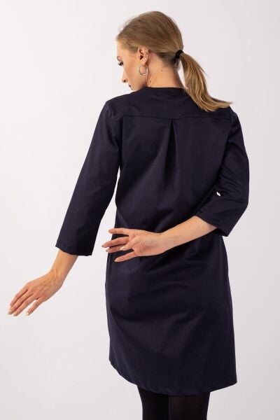 Kadın 3/4 Kol Cepli Likralı Pamuk Saten Kumaş Elbise Lacivert - L