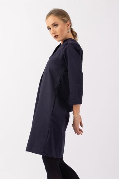 Kadın 3/4 Kol Cepli Likralı Pamuk Saten Kumaş Elbise Lacivert - L