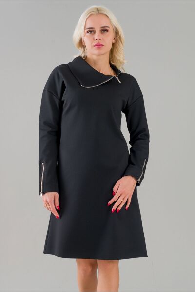 Kadın Siyah Renk Fermuarlı Şal Yaka Uzun Kollu Cepli Elbise Siyah - S
