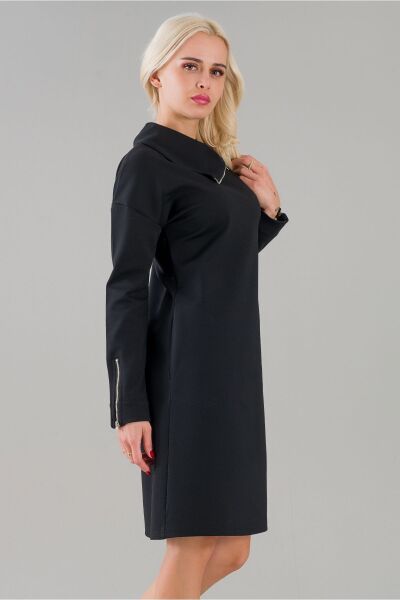Kadın Siyah Renk Fermuarlı Şal Yaka Uzun Kollu Cepli Elbise Siyah - S