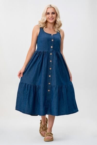 Bold & Young Kadın Cepli Büzgülü Askılı Kare Yaka Düğmeli Elbise 3XL - indigo