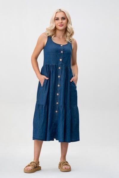 Bold & Young Kadın Cepli Büzgülü Askılı Kare Yaka Düğmeli Elbise 3XL - indigo