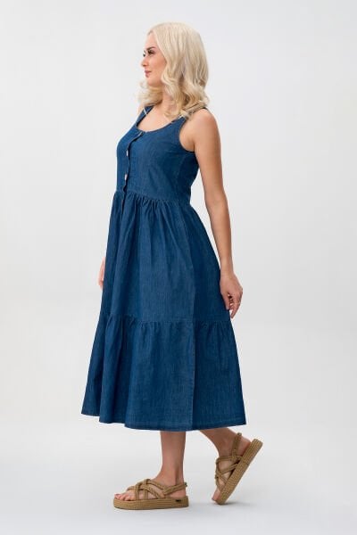 Bold & Young Kadın Cepli Büzgülü Askılı Kare Yaka Düğmeli Elbise 3XL - indigo