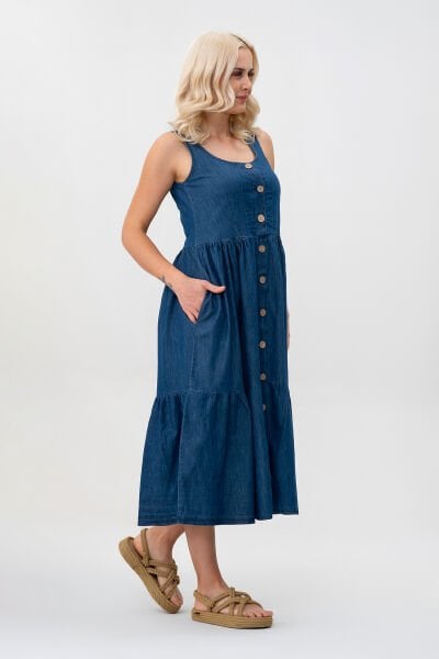 Bold & Young Kadın Cepli Büzgülü Askılı Kare Yaka Düğmeli Elbise 3XL - indigo