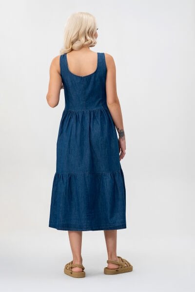 Bold & Young Kadın Cepli Büzgülü Askılı Kare Yaka Düğmeli Elbise 3XL - indigo