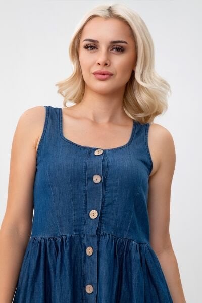 Bold & Young Kadın Cepli Büzgülü Askılı Kare Yaka Düğmeli Elbise 3XL - indigo