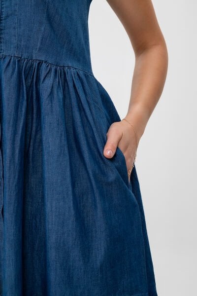 Bold & Young Kadın Cepli Büzgülü Askılı Kare Yaka Düğmeli Elbise 3XL - indigo