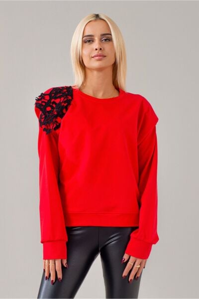 Kadın Kırmızı Renk Vatkalı Güpür Aplikeli Örme Kumaş Penye Sweatshirt Kırmızı - S