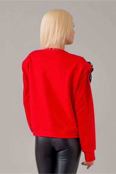 Kadın Kırmızı Renk Vatkalı Güpür Aplikeli Örme Kumaş Penye Sweatshirt Kırmızı - S